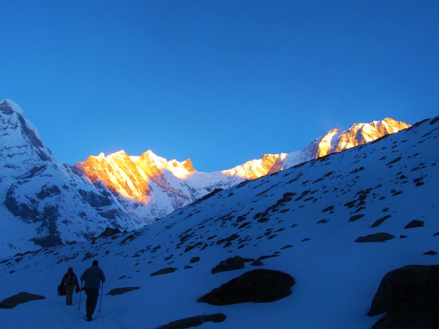 The Annapurna mountain range at first light (altitude just over 4,000 meters).